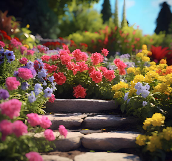 This is a picture of stone steps surrounded by flowers.