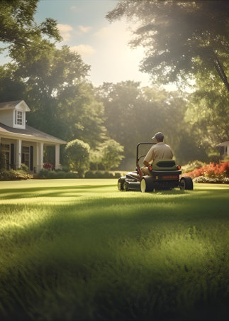 This is a picture of a man mowing the lawn.