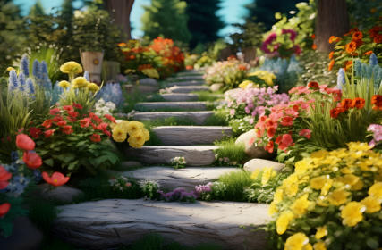 This is a picture of stone steps surrounded by flowers.